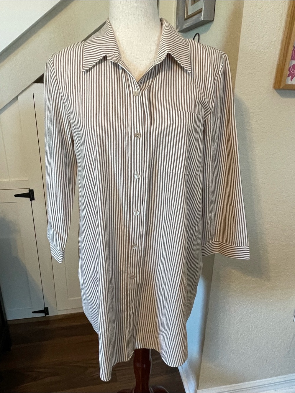 Lafayette 148 New York Brown Striped Button Down Shirt Tunic Blouse Sz 4